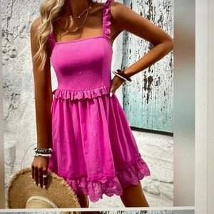 New Boho Cotton Eyelet Lace Cami Dress Mini Hot Pink Barbie